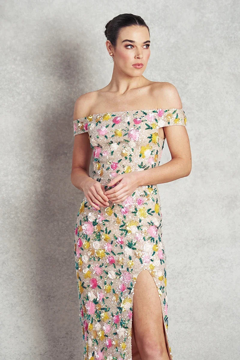 Chasing Sunset Gown - Nude with Floral Sequins