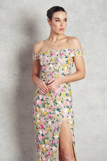 Chasing Sunset Gown - Nude with Floral Sequins