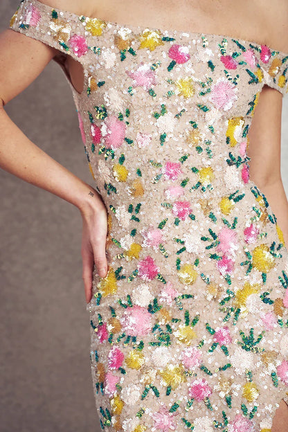 Chasing Sunset Gown - Nude with Floral Sequins