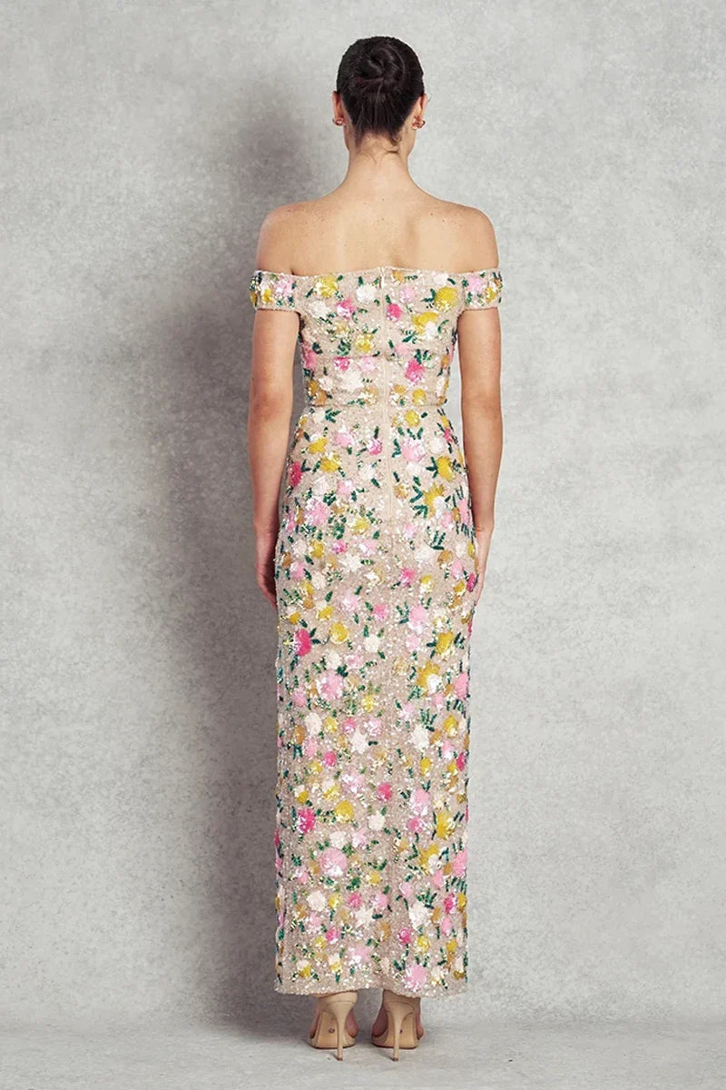 Chasing Sunset Gown - Nude with Floral Sequins