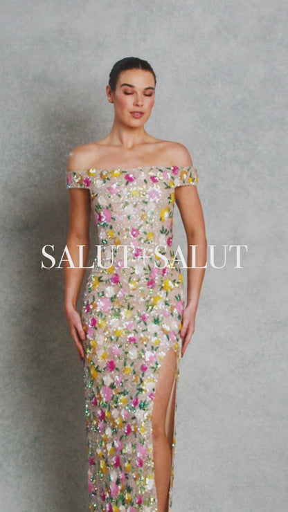 Chasing Sunset Gown - Nude with Floral Sequins