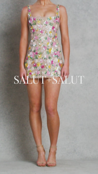 Delicate Wonder Mini Dress - Nude with Floral Sequins